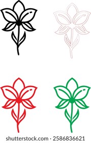 Minimalist flower icons, simple line drawings, stylized lotus blossoms, graphic floral designs, color variations, black white red green, clean vector illustrations, symmetrical plant symbols, modern b