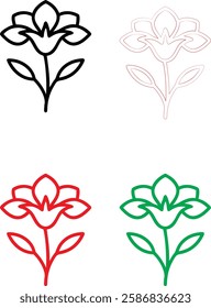 Minimalist flower icons, simple line drawings, stylized lotus blossoms, graphic floral designs, color variations, black white red green, clean vector illustrations, symmetrical plant symbols, modern b