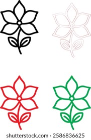 Minimalist flower icons, simple line drawings, stylized lotus blossoms, graphic floral designs, color variations, black white red green, clean vector illustrations, symmetrical plant symbols, modern b