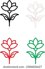 Minimalist flower icons, simple line drawings, stylized lotus blossoms, graphic floral designs, color variations, black white red green, clean vector illustrations, symmetrical plant symbols, modern b