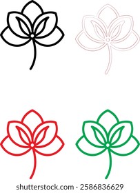 Minimalist flower icons, simple line drawings, stylized lotus blossoms, graphic floral designs, color variations, black white red green, clean vector illustrations, symmetrical plant symbols, modern b