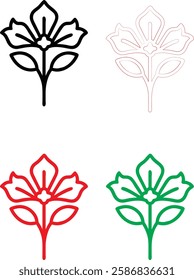 Minimalist flower icons, simple line drawings, stylized lotus blossoms, graphic floral designs, color variations, black white red green, clean vector illustrations, symmetrical plant symbols, modern b