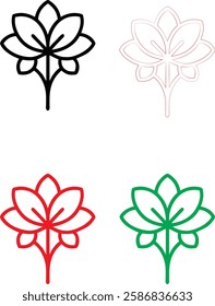 Minimalist flower icons, simple line drawings, stylized lotus blossoms, graphic floral designs, color variations, black white red green, clean vector illustrations, symmetrical plant symbols, modern b