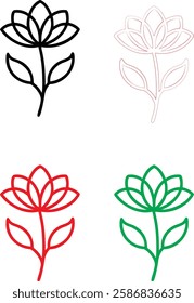 Minimalist flower icons, simple line drawings, stylized lotus blossoms, graphic floral designs, color variations, black white red green, clean vector illustrations, symmetrical plant symbols, modern b