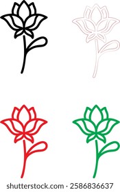 Minimalist flower icons, simple line drawings, stylized lotus blossoms, graphic floral designs, color variations, black white red green, clean vector illustrations, symmetrical plant symbols, modern b