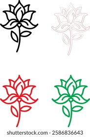 Minimalist flower icons, simple line drawings, stylized lotus blossoms, graphic floral designs, color variations, black white red green, clean vector illustrations, symmetrical plant symbols, modern b