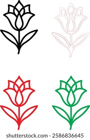 Minimalist flower icons, simple line drawings, stylized lotus blossoms, graphic floral designs, color variations, black white red green, clean vector illustrations, symmetrical plant symbols, modern b