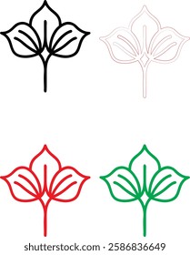 Minimalist flower icons, simple line drawings, stylized lotus blossoms, graphic floral designs, color variations, black white red green, clean vector illustrations, symmetrical plant symbols, modern b