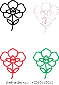 Minimalist flower icons, simple line drawings, stylized lotus blossoms, graphic floral designs, color variations, black white red green, clean vector illustrations, symmetrical plant symbols, modern b