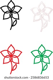 Minimalist flower icons, simple line drawings, stylized lotus blossoms, graphic floral designs, color variations, black white red green, clean vector illustrations, symmetrical plant symbols, modern b