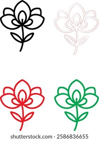 Minimalist flower icons, simple line drawings, stylized lotus blossoms, graphic floral designs, color variations, black white red green, clean vector illustrations, symmetrical plant symbols, modern b