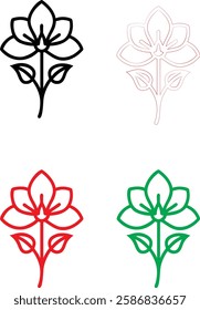 Minimalist flower icons, simple line drawings, stylized lotus blossoms, graphic floral designs, color variations, black white red green, clean vector illustrations, symmetrical plant symbols, modern b