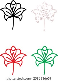 Minimalist flower icons, simple line drawings, stylized lotus blossoms, graphic floral designs, color variations, black white red green, clean vector illustrations, symmetrical plant symbols, modern b