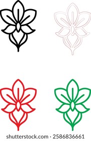 Minimalist flower icons, simple line drawings, stylized lotus blossoms, graphic floral designs, color variations, black white red green, clean vector illustrations, symmetrical plant symbols, modern b