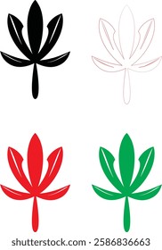 Minimalist flower icons, simple line drawings, stylized lotus blossoms, graphic floral designs, color variations, black white red green, clean vector illustrations, symmetrical plant symbols, modern b