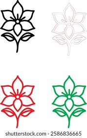 Minimalist flower icons, simple line drawings, stylized lotus blossoms, graphic floral designs, color variations, black white red green, clean vector illustrations, symmetrical plant symbols, modern b