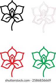 Minimalist flower icons, simple line drawings, stylized lotus blossoms, graphic floral designs, color variations, black white red green, clean vector illustrations, symmetrical plant symbols, modern b