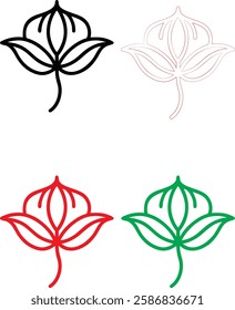 Minimalist flower icons, simple line drawings, stylized lotus blossoms, graphic floral designs, color variations, black white red green, clean vector illustrations, symmetrical plant symbols, modern b