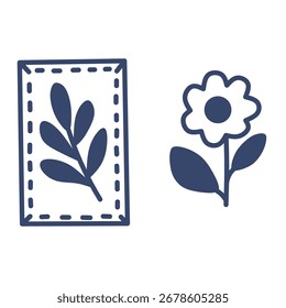 Minimalist flower and leaf icon set in simple outlined style. 