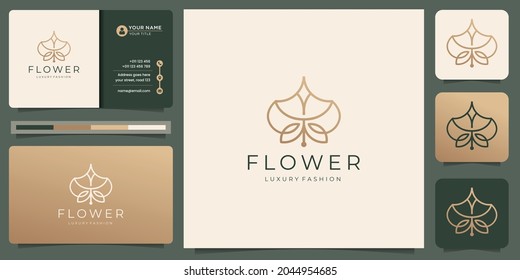 minimalist flower line logo design with business card template. creative floral line luxury fashion.