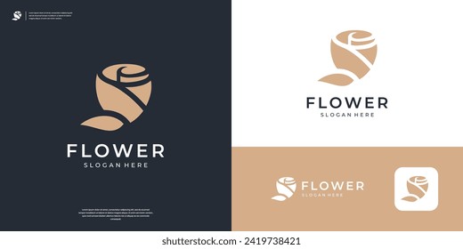 Minimalist flower logo design template. Beauty rose logo with golden premium vector