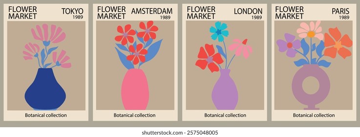 Minimalist flower market posters featuring vibrant floral arrangements in vases. Trendy botanical wall arts with floral design 