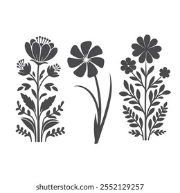 A minimalist flower plant silhouette featuring a blooming flower atop a slender stem with delicate leaves, symbolizing growth, beauty, and nature.