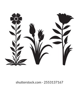 A minimalist flower plant silhouette featuring a blooming flower atop a slender stem with delicate leaves, symbolizing growth, beauty, and nature