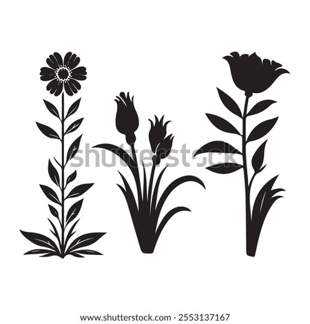 A minimalist flower plant silhouette featuring a blooming flower atop a slender stem with delicate leaves, symbolizing growth, beauty, and nature