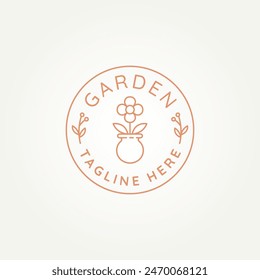 minimalist flower vase gardening line art logo badge vector illustration design