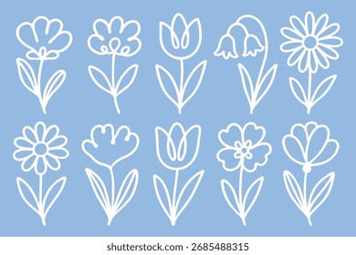 Conjunto de vetor de flor minimalista - Design de arte de linha floral branca