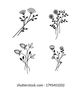 Minimalistische Blumenelemente für Design, Blumen handgezeichnete Illustrationslinie Kunst.

