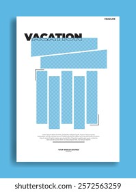 Minimalist flyer template design with geometric shapes, bold typography and modern layout in blue and white color scheme