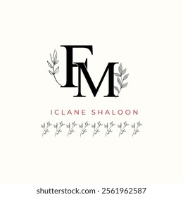 Minimalist FM Monogram with Botanical Illustration.Elegan Initial MF Logo with Floral Element.  Wedding logos, hand drawn elegant, delicate and minimalist,black and white vintage logo for beauty shop.