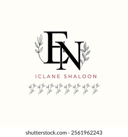 Minimalist FN Monogram with Botanical Illustration.Elegan Initial NF Logo with Floral Element.  Wedding logos, hand drawn elegant, delicate and minimalist,black and white vintage logo for beauty shop.