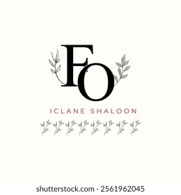 Minimalist FO Monogram with Botanical Illustration.Elegan Initial OF Logo with Floral Element.  Wedding logos, hand drawn elegant, delicate and minimalist,black and white vintage logo for beauty shop.