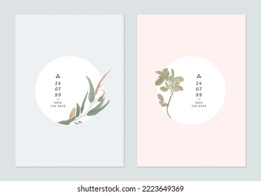 Minimalist foliage save the date invitation card template, eucalyptus and lignum vitae