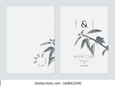 Minimalist Foliage Wedding Invitation Card Template Design, Blue Lime Leaves On Light Grey