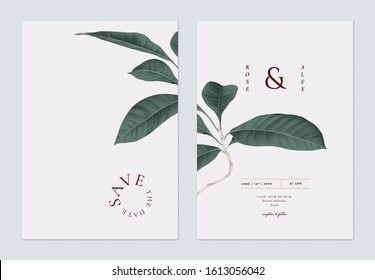 Minimalist foliage wedding invitation card template design, dark green 
 leaves on light grey