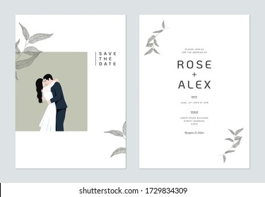 Minimalist, foliage wedding invitation card template design, wedding photo decorated with hand drawn eucalyptus leaves