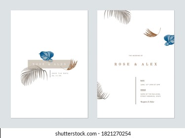 Minimalist foliage wedding invitation card template design, brown and blue leaves on white