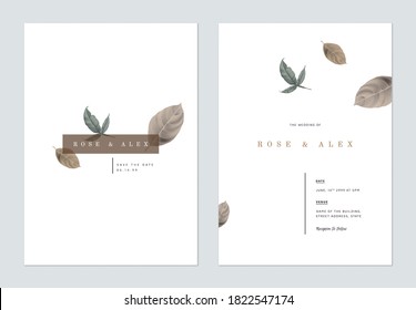 Minimalist Foliage Wedding Invitation Card Template Design, Brown And Green Leaves On White