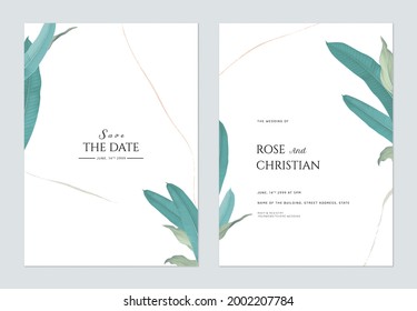 Minimalist foliage wedding invitation card template design, green long leaves on white