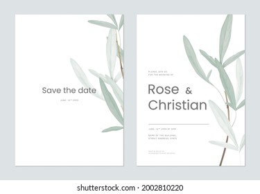 Minimalist foliage wedding invitation card template design, green leaves on white