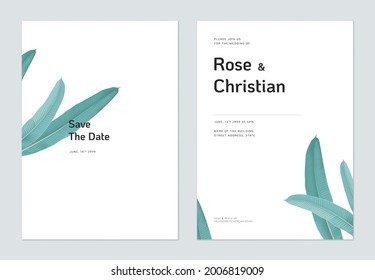 Minimalist foliage wedding invitation card template design, green long leaves on white