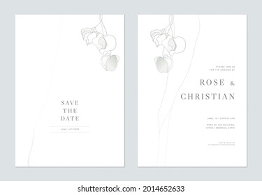 Minimalist foliage wedding invitation card template design, wild flowers line art ink drawing on white