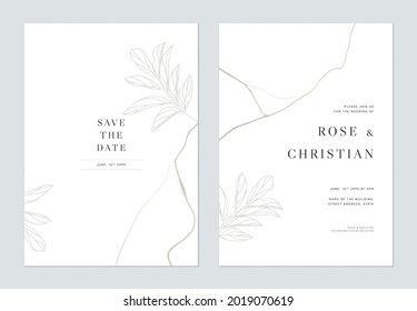 Minimalist foliage wedding invitation card template design, leaves line art ink drawing on white