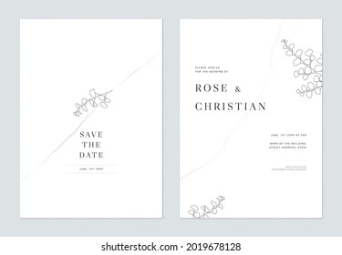 Minimalist foliage wedding invitation card template design, leaves line art ink drawing on white