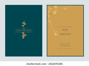 Minimalist foliage wedding invitation card template design, Siamese rough bush leaves on blue and brown