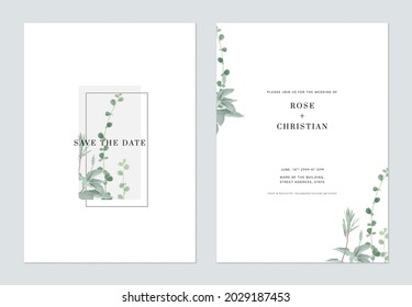 Minimalist foliage wedding invitation card template design, various leaves bouquet on white